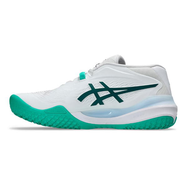 White running shoe with teal outsole and teal ASICS logo, side view.