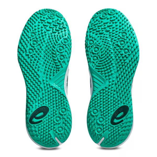 Bottom view of teal running shoes showing textured rubber outsoles with circular multi-directional lugs and a brand logo. The pair is turquoise with a white midsole edge visible at the heel and toe.