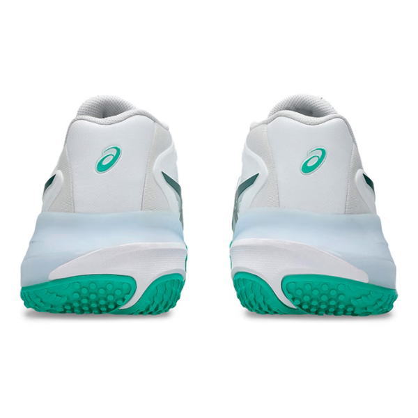 Rear view of white running shoes with teal midsoles and bright turquoise outsoles.