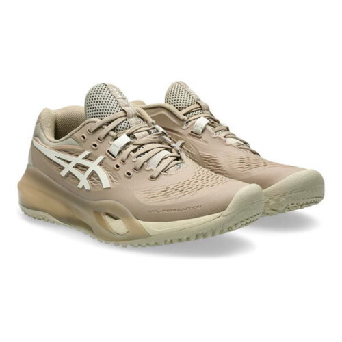 Beige ASICS running shoes with mesh upper, cushioned midsole, and white side stripes logo.
