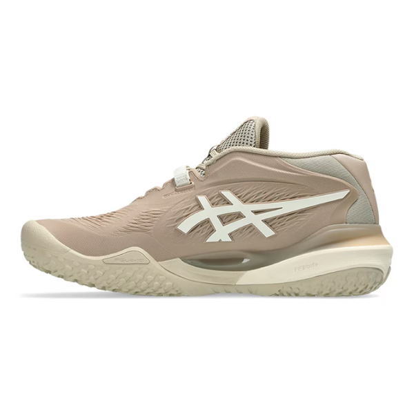 Side view of beige ASICS running shoe with white logo and textured sole.