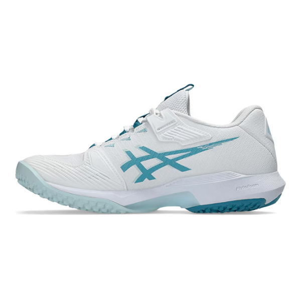 White running shoe with light blue accents and a teal Asics logo on the side, low-cut with a rugged sole.