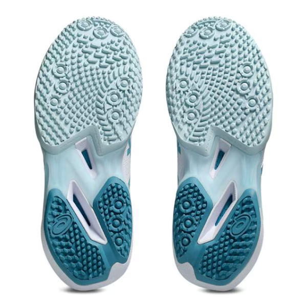 View of the outsole soles from two blue athletic shoes, showing textured tread and grip patterns on light-to-dark blue bottoms