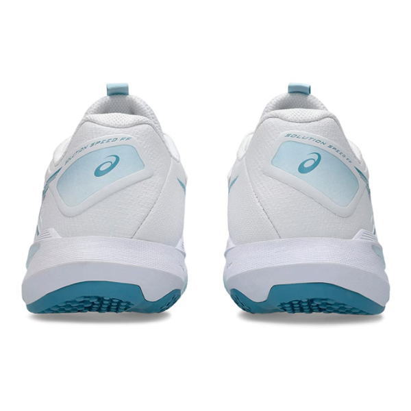 Back view of white running shoes with light blue panels and blue outsoles, featuring the Asics logo on the heel