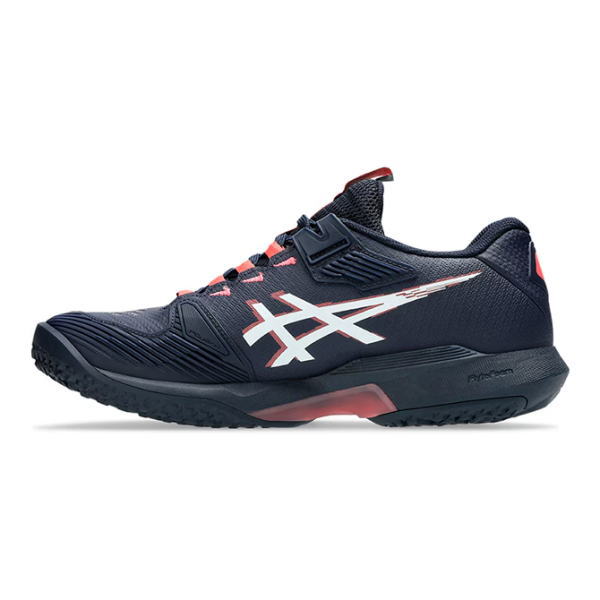 Navy blue athletic running shoe with red accents and white logo, side view.