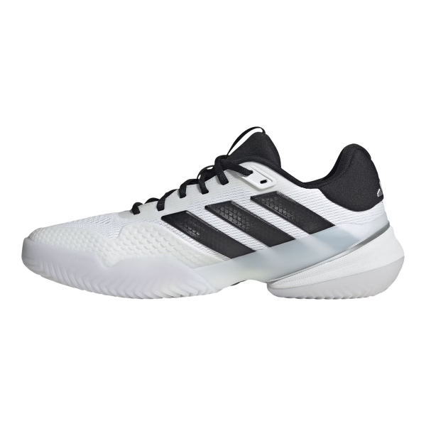White athletic running shoe with black side stripes and a light gray midsole.