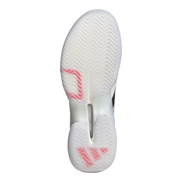 Bottom view of a white sneaker outsole with herringbone tread and pink accents at the heel and forefoot.