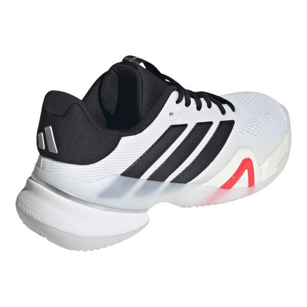 White athletic running shoe with black side stripes and a light gray sole edge.