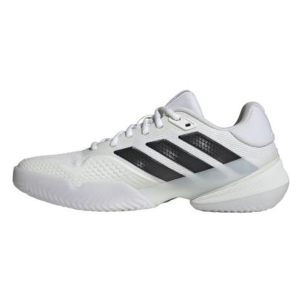 White running shoe with three black stripes and a chunky midsole, side view