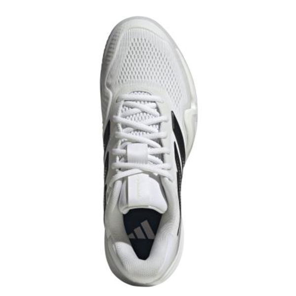 Top-down view of a white Adidas running shoe with black stripes.