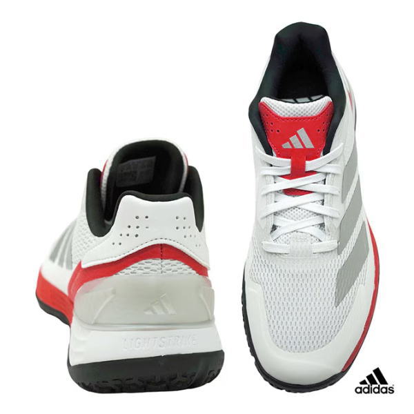 Pair of Adidas running shoes, white with red accents, shown from front and back (mesh upper, gray stripes, black heel collar).