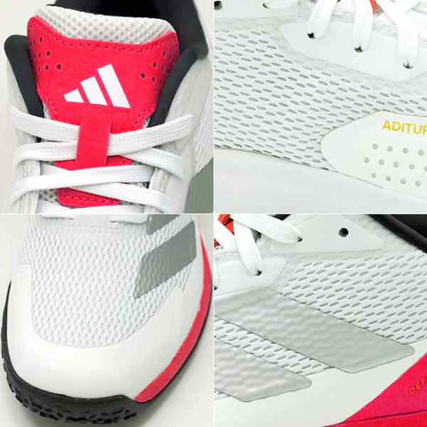 Collage of white Adidas running shoes with red accents and gray detailing, shown in close-ups of laces, logo, and sole.