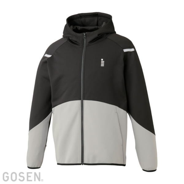 Hooded zip-up jacket in black and light gray with a color-block design and a small logo on the left chest area.