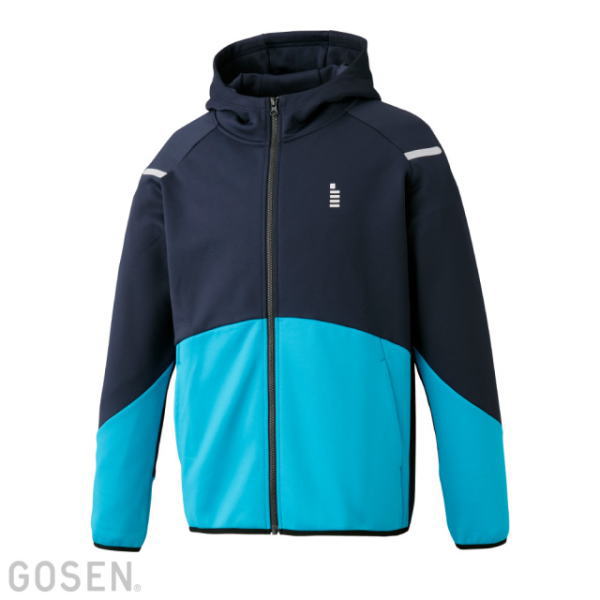 Color-blocked zip-up hooded jacket in navy with bright blue panels at the bottom and sleeves.