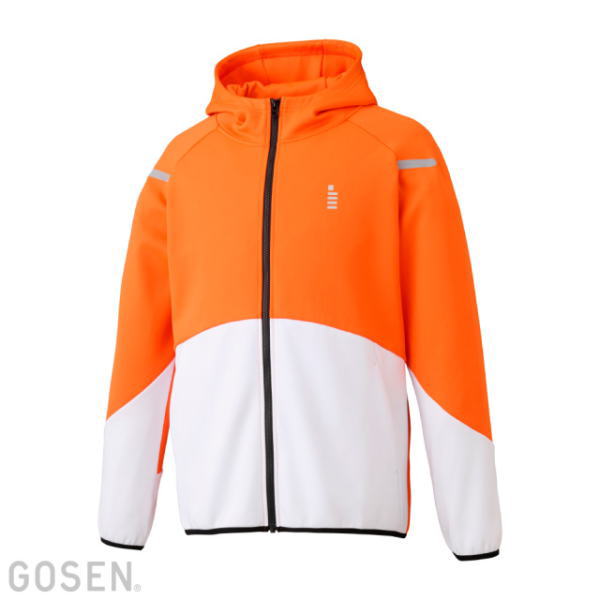 High-visibility orange and white hooded jacket with a full-length zipper and reflective shoulder stripes on a white background.
