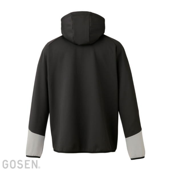 Back view of a black hooded jacket with light gray cuffs on the sleeves.