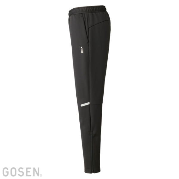 Black athletic running pants with elastic waistband, slim fit, small white vertical logo on the thigh, and a reflective stripe near the knee.