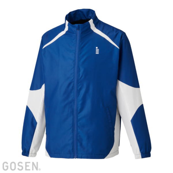 Blue windbreaker jacket with white sleeve panels and front zipper, high collar, on white background (GOSEN)