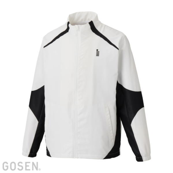 White zip-front windbreaker with black color-block panels on the shoulders and sleeves, standing collar, two side pockets ready for wind protection.
