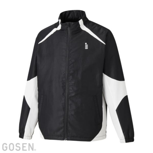 Black and white windbreaker jacket with full front zipper and stand collar (branded design details visible on chest)