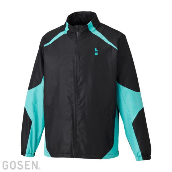Black windbreaker jacket with turquoise color blocks on sleeves and shoulders, full-zip front, small logo on left chest.