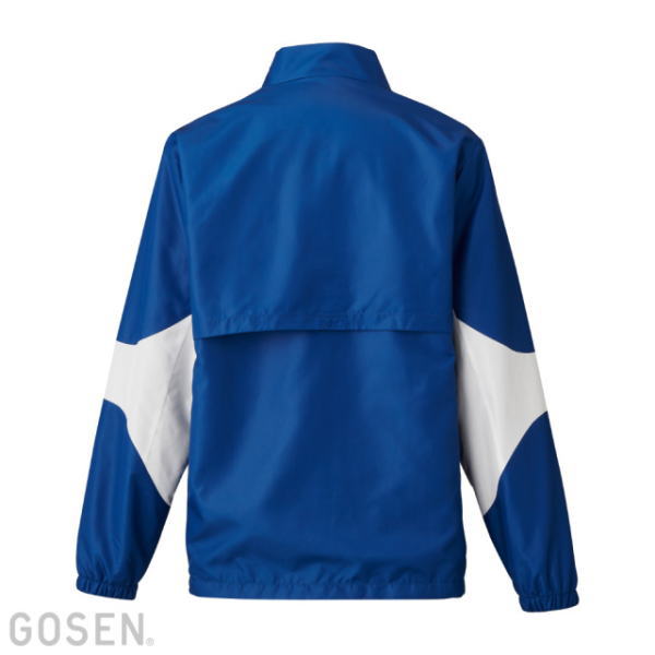 Back view of a blue windbreaker jacket with white diagonal sleeve panels on both arms, elastic hem and cuffs