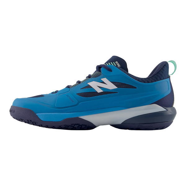 Blue New Balance athletic sneaker with white N logo, side view (running shoe)