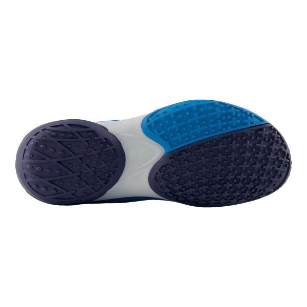 Bottom view of a blue and navy athletic shoe outsole showing multi-textured tread patterns for grip