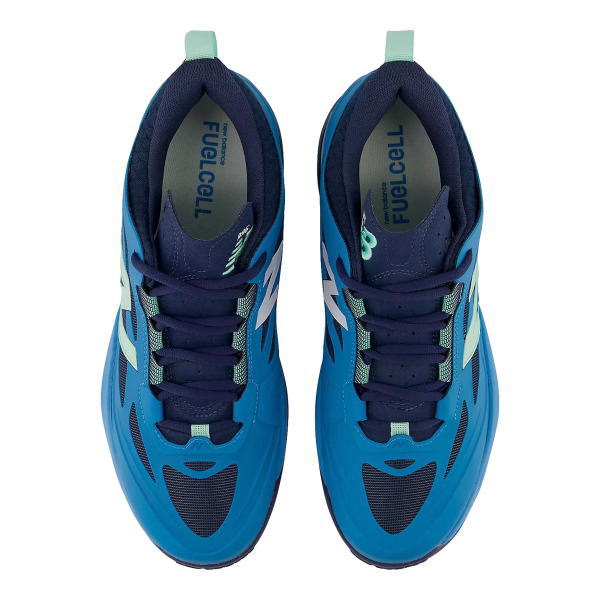 Pair of blue running shoes viewed from above, showing laces and teal accents (top-down view).