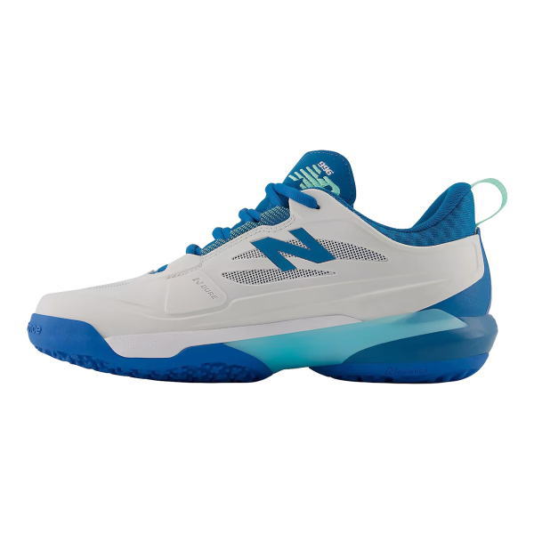 White and blue athletic shoe with blue accents and mesh side panels. The sneaker has a teal-to-blue sole and laces.