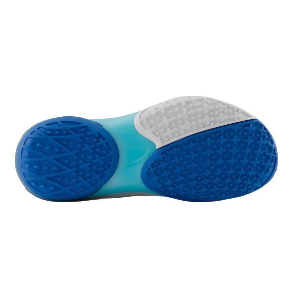 Bottom view of a blue athletic shoe outsole with textured grip on heel and forefoot and white midfoot area.