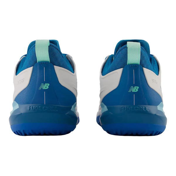 Pair of blue and white New Balance running shoes seen from the back, featuring teal pull tabs and blue soles (two shoes).