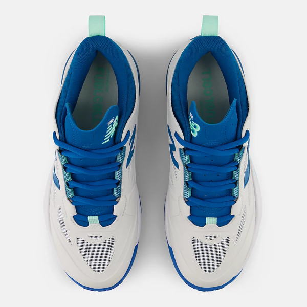 Top-down view of white and blue running sneakers with blue laces, teal pull tabs, and blue accents.