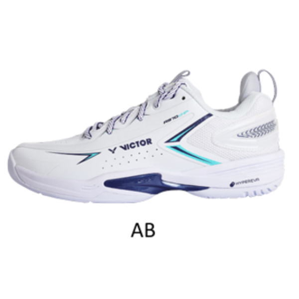 White Victor running shoe with blue accent details, side view on a white background.