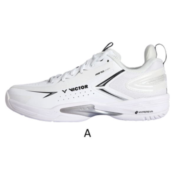 White running shoe viewed from the side with subtle black accents and brand name Victor on the midfoot