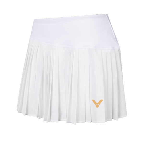 White pleated tennis skirt with a wide waistband and a small gold emblem on the lower right corner.