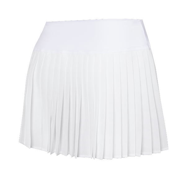 White pleated mini skirt with a smooth waistband on a plain background