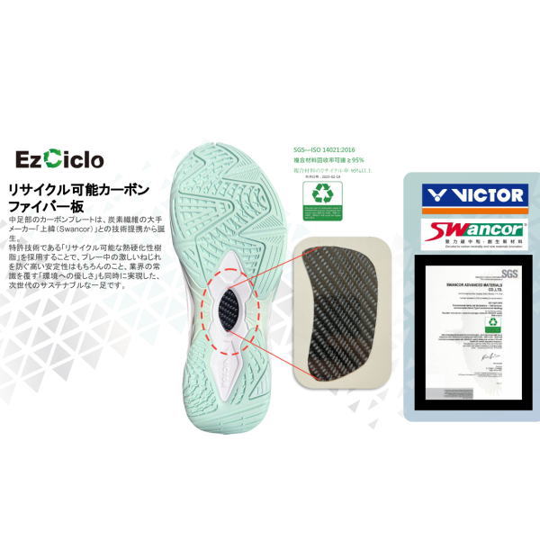 Infographic showing a shoe sole with a circled carbon insert, plus a close-up carbon fiber layer and certification logos on the side.