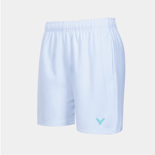 Light blue athletic shorts with an elastic waistband and a small turquoise logo on the left hem.