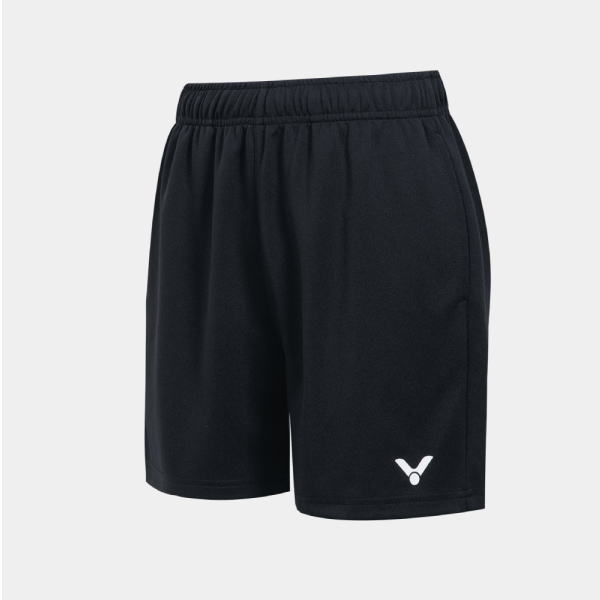 Black athletic shorts with an elastic waistband and a small white logo near the bottom of the left leg.