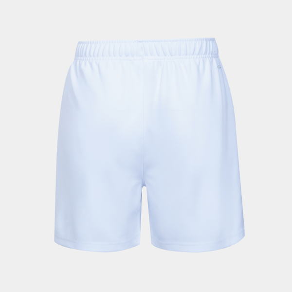 Back view of light blue athletic shorts with an elastic waist banded at the top.