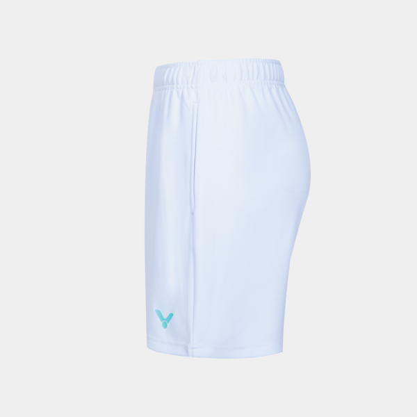 Light blue athletic shorts with an elastic waistband and a small turquoise logo at the lower left leg, viewed from the side.