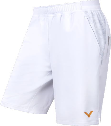 White athletic shorts with an orange logo near the hem and a mesh side pocket visible on the right.