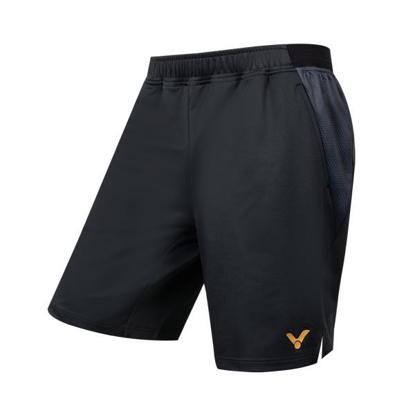Men's black athletic shorts with a dark mesh side pocket and a small gold logo near the hem