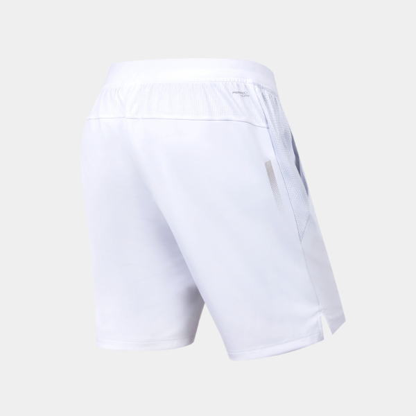 White athletic shorts with an elastic waistband and a subtle mesh side panel, viewed from the back-right side.