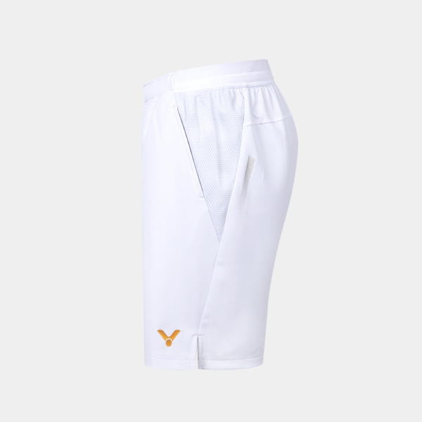 Side view of white athletic shorts with a mesh panel at the hip and a small yellow logo near the hem.