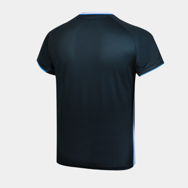 Back view of a dark navy athletic T-shirt with light blue trim on the sleeves and collar.