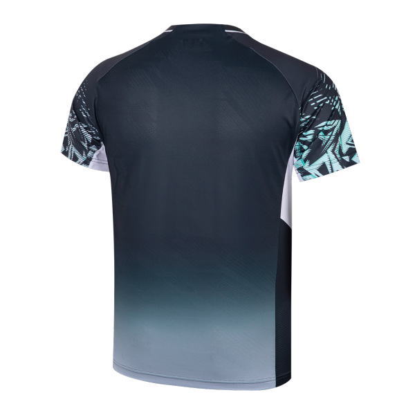 Back view of a short-sleeve athletic jersey with a dark-to-light gray gradient and teal patterned sleeves is shown.
