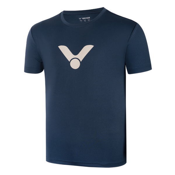 Navy blue short-sleeve T-shirt with a light beige V-shaped logo on the chest.