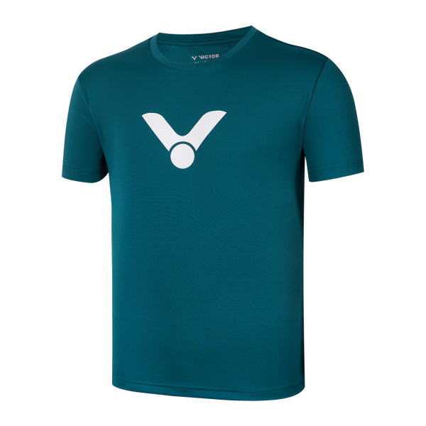 Teal short-sleeve t-shirt with a white V-shaped logo and circle on the chest.